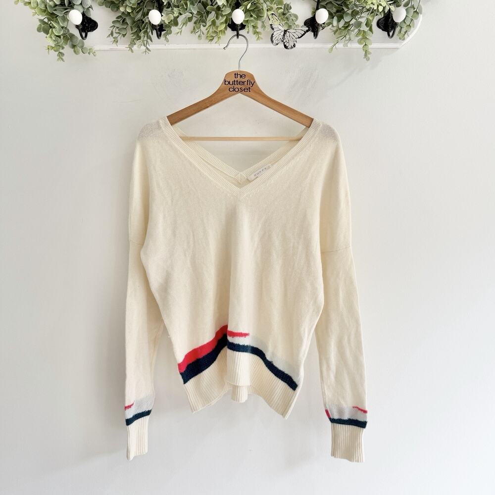 Duffy 100% Cashmere Cream V Neck Striped Hem Sweater Small CP